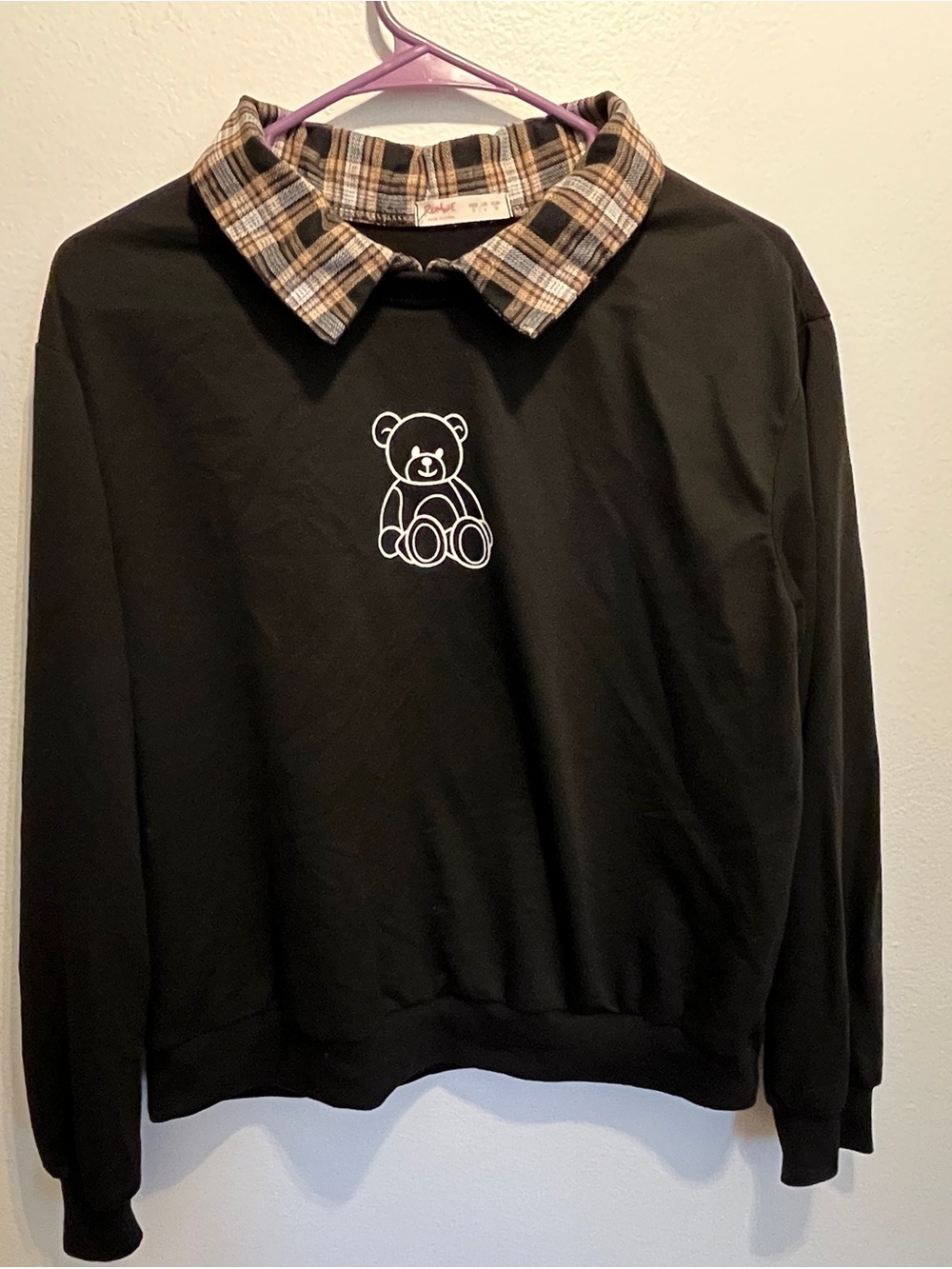 Women’s Black Preppy Teddy Bear Plaid Collar Sweatshirt Small